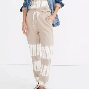 Beige & White Tie-Dye Joggers With Drawstring Waist Elastic Cuffs & Pockets - Re